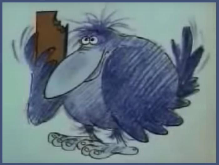 Cute fat bird from old Hungarian cartoon loves all kinds of chocolate