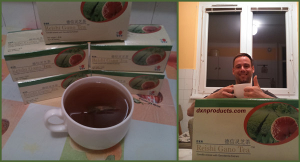 Ganoderma tea-totaller and healthy coffee lover in his kitchen.